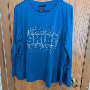 Ashley Stewart "Shine" Long Sleeve T-Shirt Bling Embellished Blue-Women's 14/16